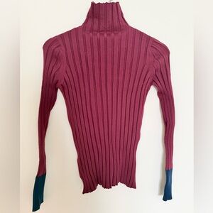 Ribbed Turtleneck Sweater - Burgundy and Navy
